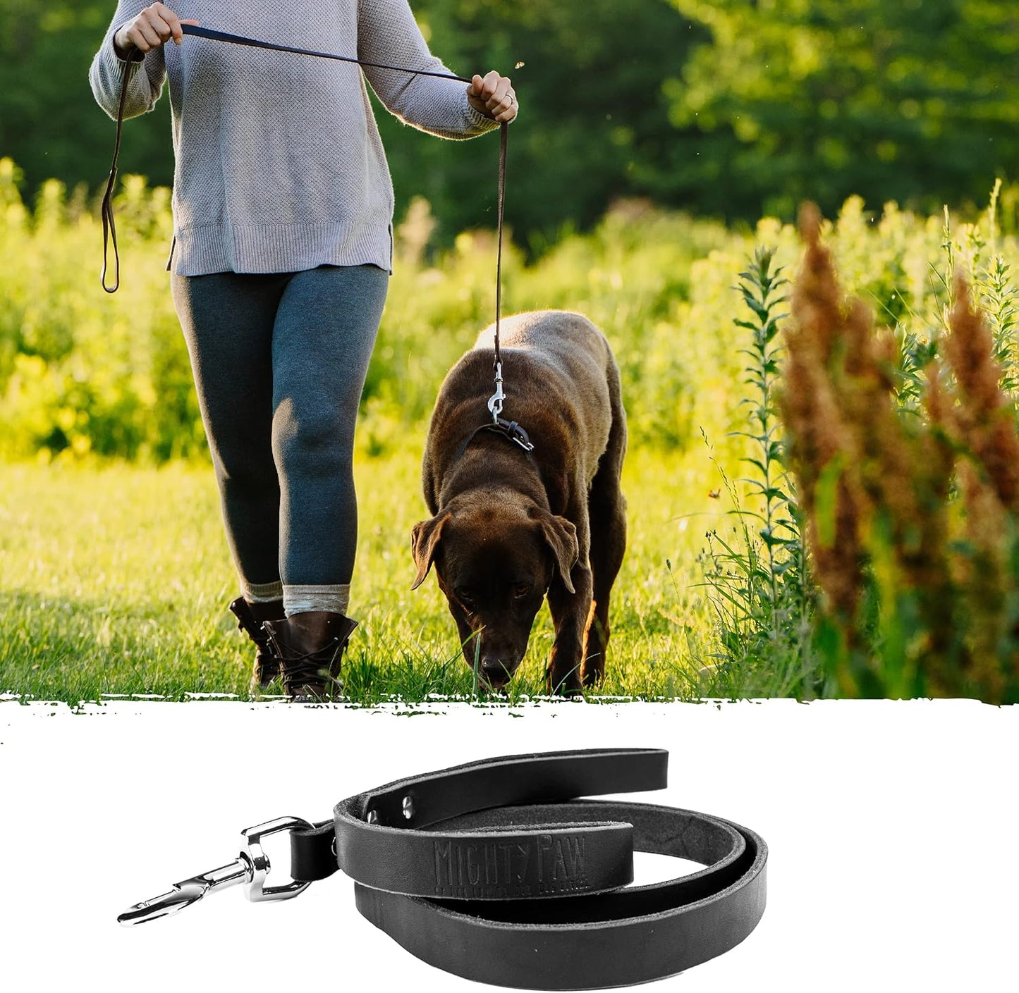 Leather Dog Leash - Genuine Material Leather Leashes for All Pet Sizes - Pet Lead - 5 Ft Premium Quality - Soft Material - Black