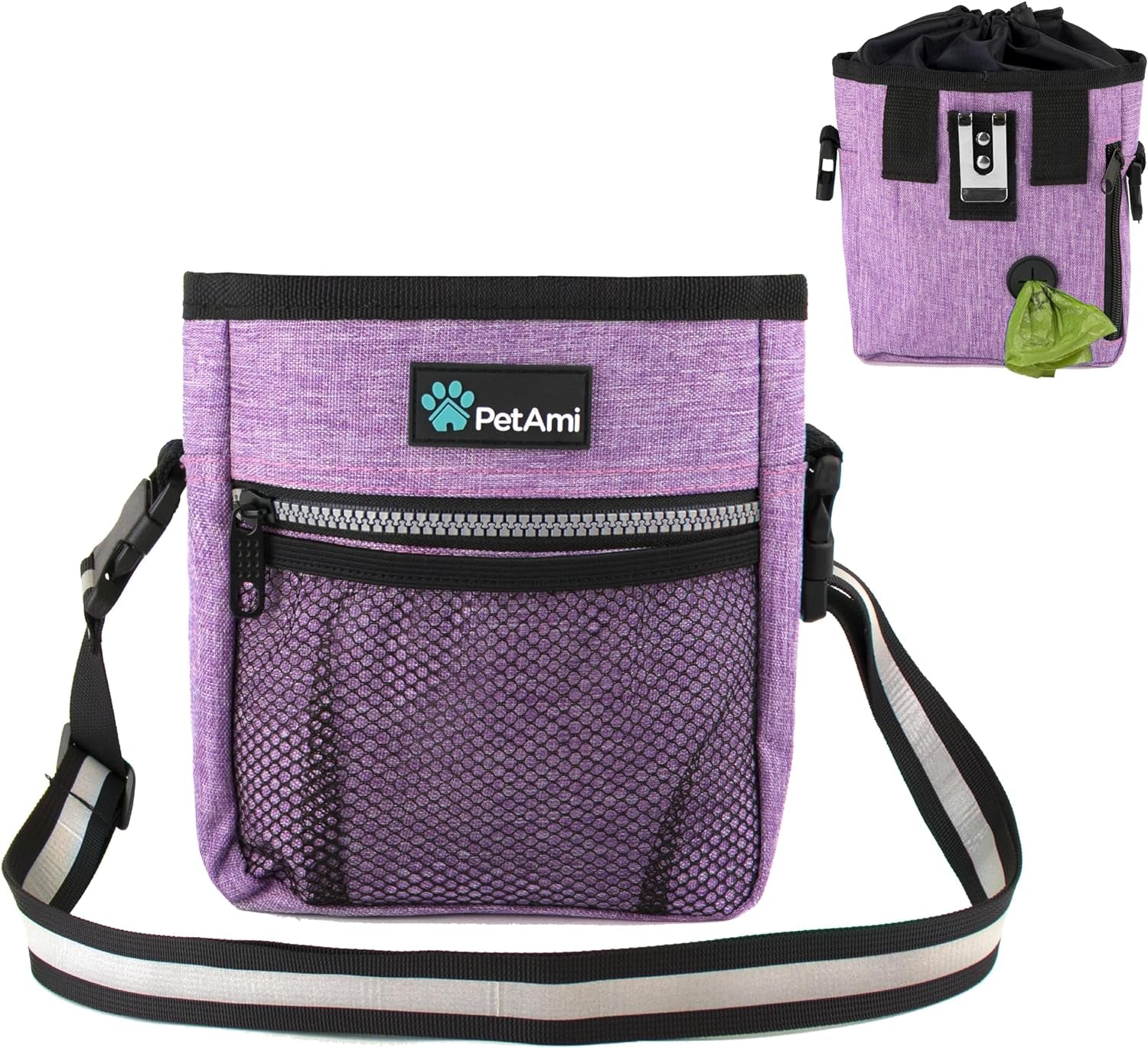 Dog Treat Pouch, Pet Treat Pouch for Training, Dog Walking Bag Holder for Kibbles, Pet Food Toy, Dog Trainer Essentials Supplies, Poop Bag Dispenser, 3 Ways to Wear (Purple)