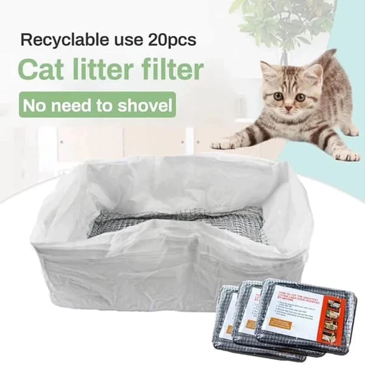 10Pcs Cat Litter Tray Liners Drawstring Cat Litter Tray Bags with Filter Net Reusable Cat Waste Filter Net Cat Pets Cleaning
