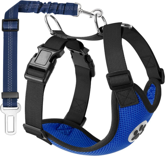 Dog Seat Belt - Adjustable Dog Car Harness for Large, Medium & Small Dogs, Soft Padded & Breathable Mesh Dog Seatbelt with Car Vehicle Connector Strap (Blue, Medium)